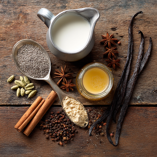 chai vanilla latte Ingredients Flat lay of chai spices, vanilla pods, milk jug, honey jar